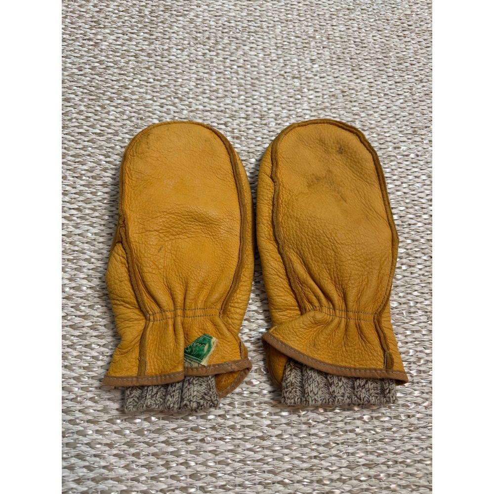 Vintage LL Bean Deerskin Leather Mittens Rag Wool Lined Tan Yellow Mens
